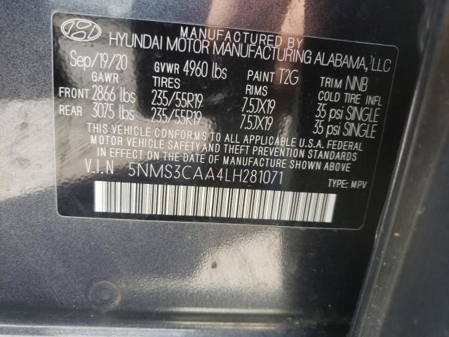 5NMS3CAA4LH281071 - 2020 HYUNDAI SANTA FE SEL GRAY photo 12