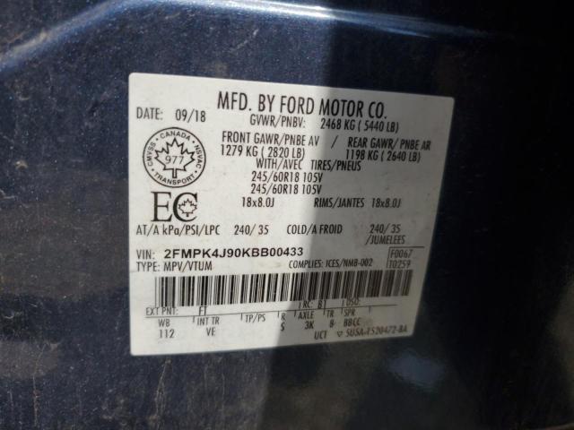 2FMPK4J90KBB00433 - 2019 FORD EDGE SEL BLUE photo 12