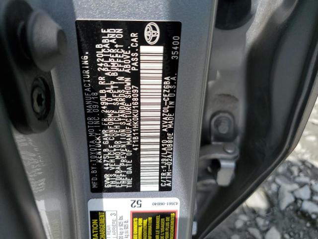 4T1B11HK0KU168097 - 2019 TOYOTA CAMRY L SILVER photo 12