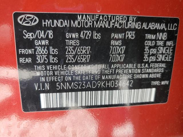 5NMS23AD9KH034642 - 2019 HYUNDAI SANTA FE SE RED photo 12