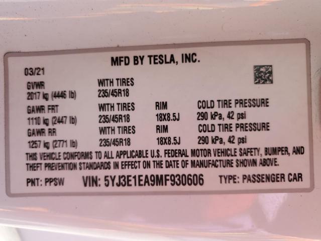 5YJ3E1EA9MF930606 - 2021 TESLA MODEL 3 WHITE photo 13