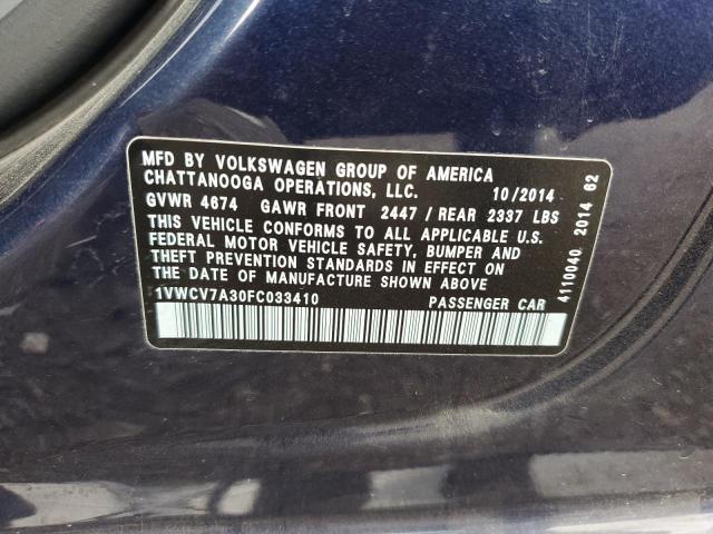 1VWCV7A30FC033410 - 2015 VOLKSWAGEN PASSAT SEL BLUE photo 12