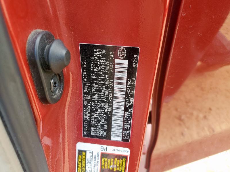 4T1BF1FK2CU571374 - 2012 TOYOTA CAMRY BASE BURGUNDY photo 12