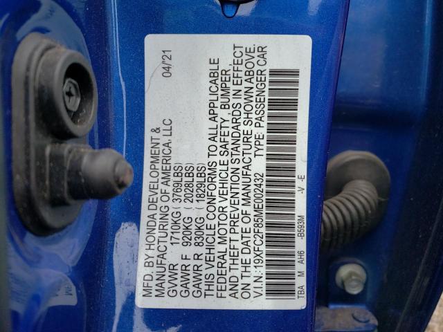19XFC2F85ME002432 - 2021 HONDA CIVIC SPORT 蓝色 照片 13