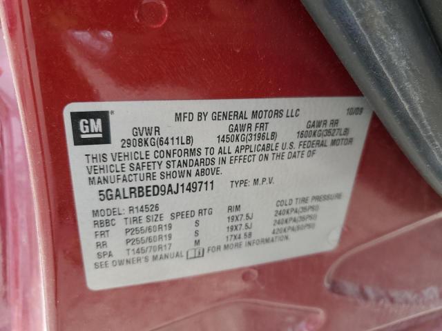 5GALRBED9AJ149711 - 2010 BUICK ENCLAVE CXL RED photo 13