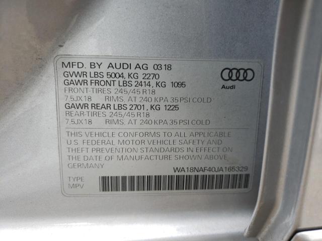 WA18NAF40JA165329 - 2018 AUDI A4 ALLROAD PREMIUM PLUS SILVER photo 10