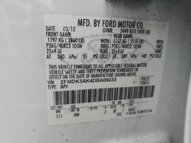 2FMDK3AK4DBA09233 - 2013 FORD EDGE SPORT WHITE photo 12