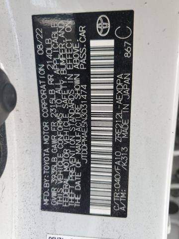 JTDDPMAE5N3031474 - 2022 TOYOTA COROLLA L WHITE photo 12