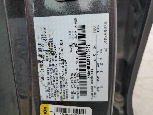 3FA6P0CD3KR138452 - 2019 FORD FUSION SEL ნაცრისფერი ფოტო 13