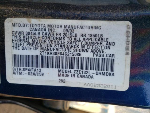 2T1KR38E84C215685 - 2004 TOYOTA COROLLA MA XR BLUE photo 12