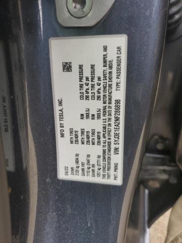 5YJ3E1EA2NF286898 - 2022 TESLA MODEL 3 灰色 照片 12