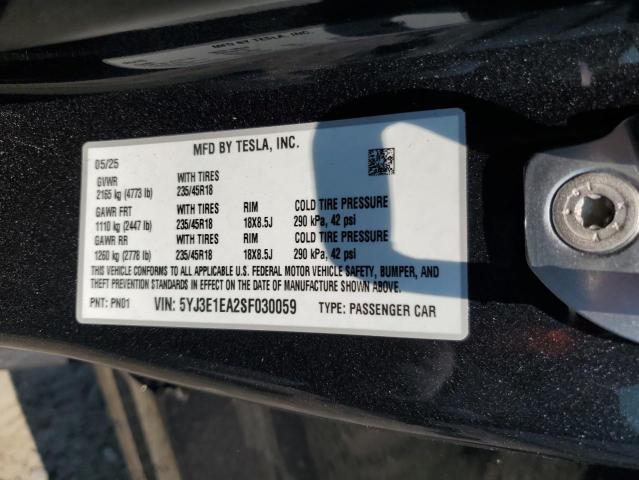 5YJ3E1EA2SF030059 - 2025 TESLA MODEL 3 灰色 照片 12