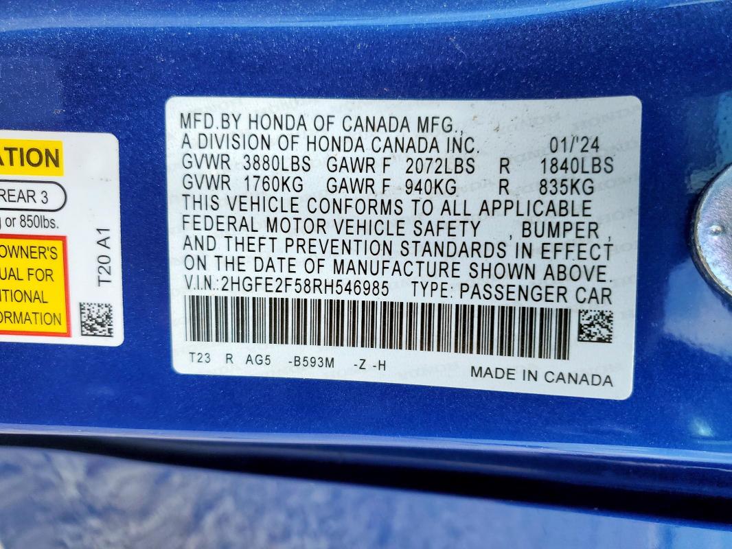 2HGFE2F58RH546985 - 2024 HONDA CIVIC SPORT Синій фото 12