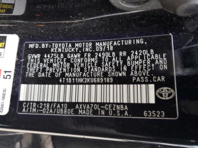 4T1B11HK2KU689189 - 2019 TOYOTA CAMRY L BLACK photo 13