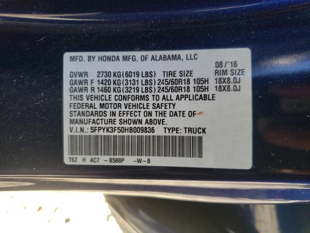5FPYK3F50HB009836 - 2017 HONDA RIDGELINE RTL BLUE photo 12