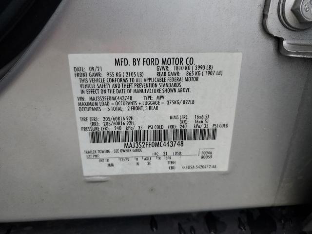 MAJ3S2FE0MC443748 - 2021 FORD ECOSPORT S SILVER photo 12