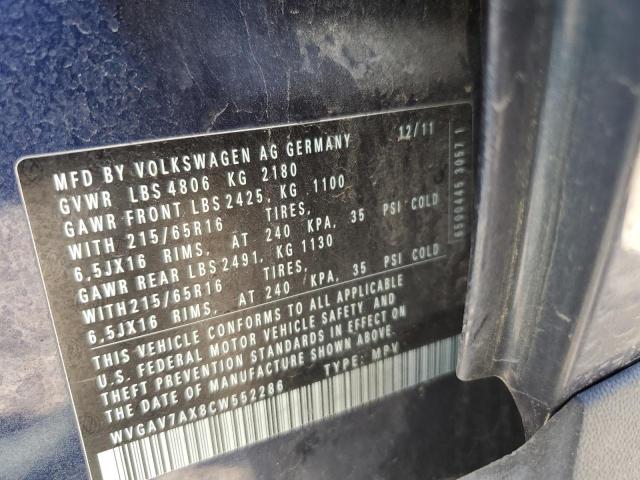 WVGAV7AX8CW552286 - 2012 VOLKSWAGEN TIGUAN S BLUE photo 13
