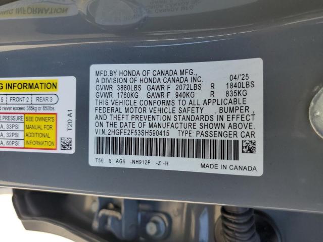 2HGFE2F53SH590415 - 2025 HONDA CIVIC SPORT ნაცრისფერი ფოტო 13