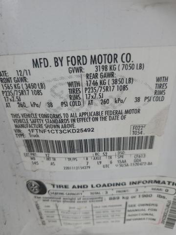 1FTNF1CT3CKD25492 - 2012 FORD F150 WHITE photo 12