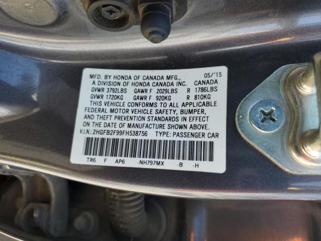 2HGFB2F99FH538756 - 2015 HONDA CIVIC EXL GRAY photo 12