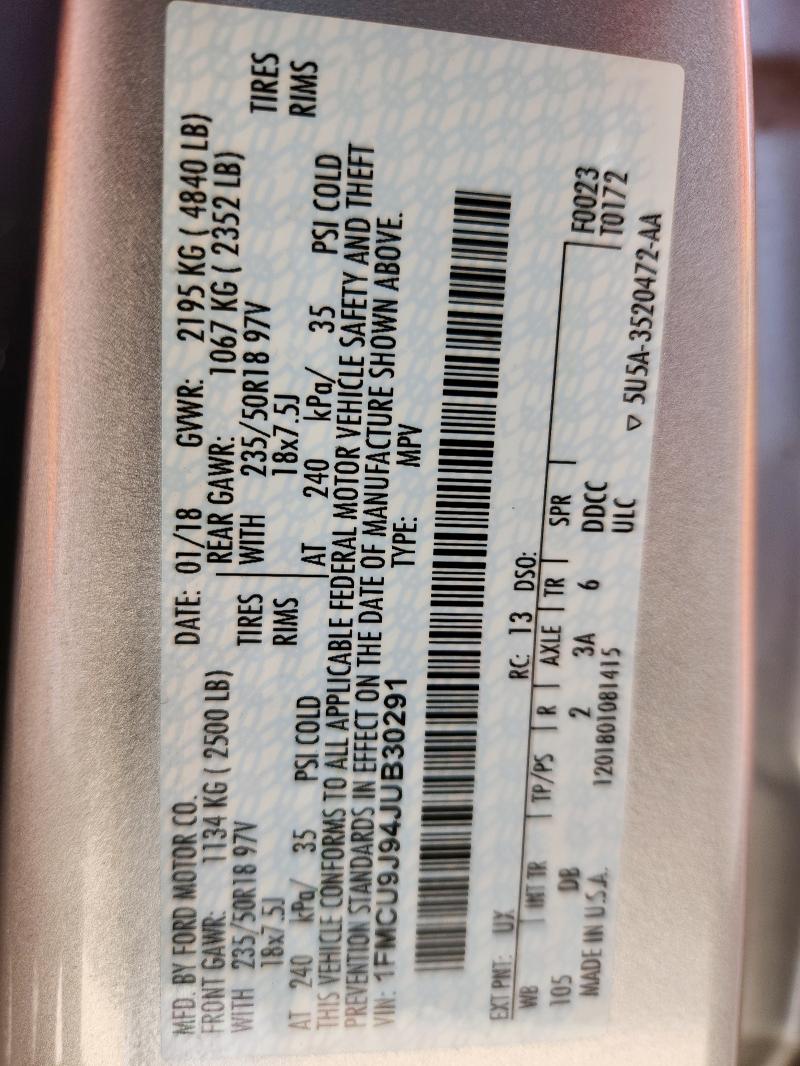 1FMCU9J94JUB30291 - 2018 FORD ESCAPE TITANIUM ვერცხლისფერი ფოტო 13