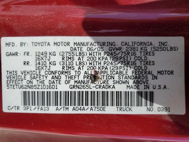 5TETU62N85Z101601 - 2005 TOYOTA TACOMA PRERUNNER ACCESS CAB RED photo 12