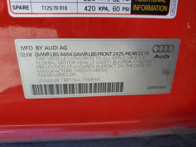 WAUMF78P76A156854 - 2006 AUDI A3 2.0 SPORT RED photo 12