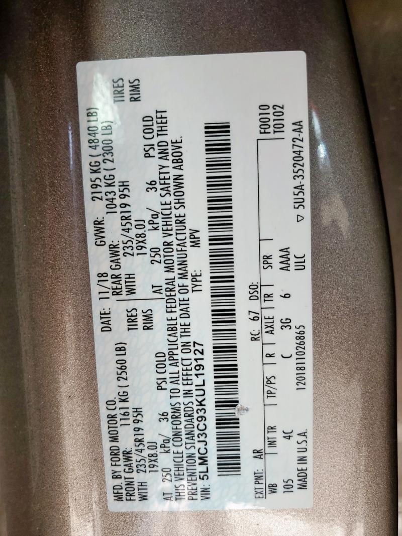 5LMCJ3C93KUL19127 - 2019 LINCOLN MKC RESERVE Bej foto 13