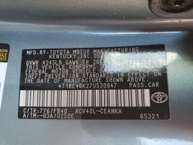 4T1BE46K27U530947 - 2007 TOYOTA CAMARY CE TEAL photo 10