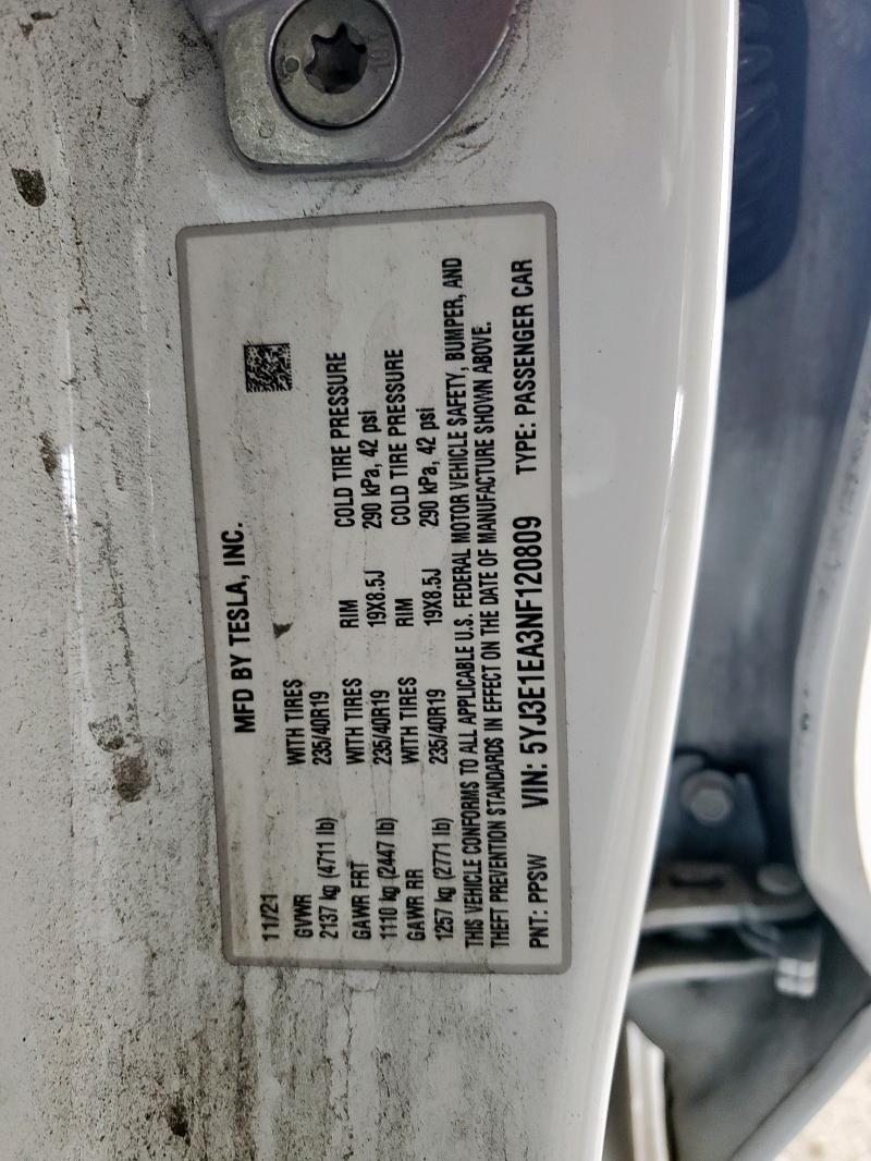 5YJ3E1EA3NF120809 - 2022 TESLA MODEL 3 WHITE photo 13