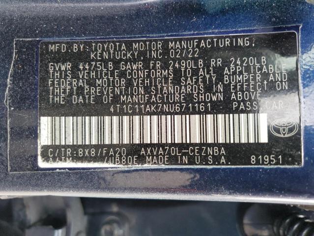 4T1C11AK7NU671161 - 2022 TOYOTA CAMRY LE 蓝色 照片 12