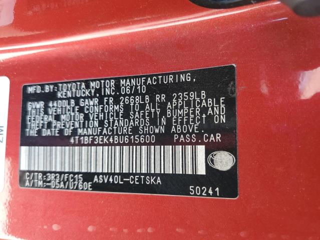 4T1BF3EK4BU615600 - 2011 TOYOTA CAMRY BASE წითელი ფოტო 12