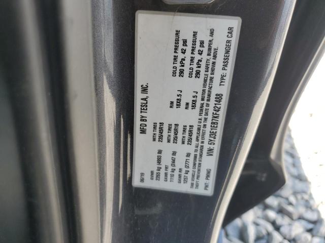 5YJ3E1EB7KF421488 - 2019 TESLA MODEL 3 Grau Foto 12