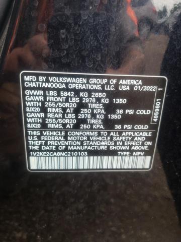 1V2KE2CA8NC210103 - 2022 VOLKSWAGEN ATLAS CROS SE BLACK photo 12