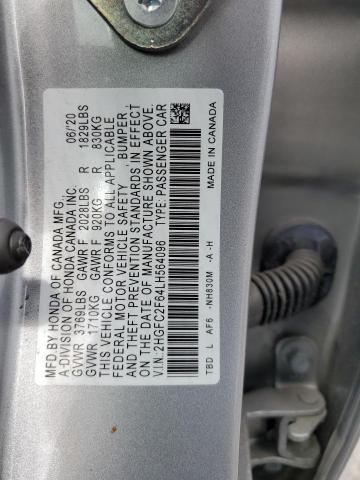 2HGFC2F64LH564096 - 2020 HONDA CIVIC LX SILVER photo 12