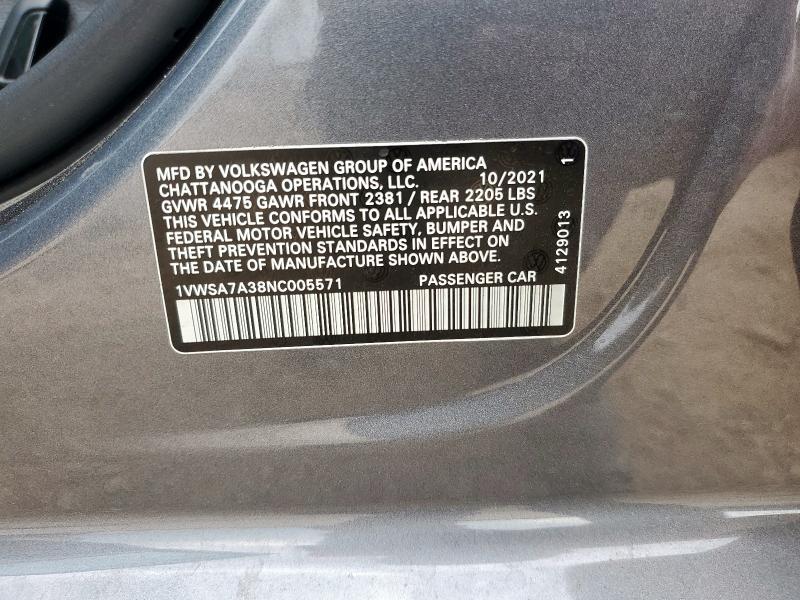 1VWSA7A38NC005571 - 2022 VOLKSWAGEN PASSAT SE GRAY photo 12