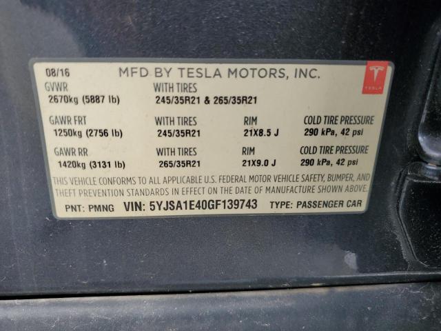 5YJSA1E40GF139743 - 2016 TESLA MODEL S 灰色 照片 13