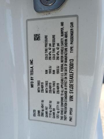 5YJ3E1EAXLF793013 - 2020 TESLA MODEL 3 WHITE photo 13