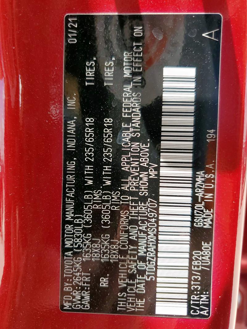 5TDGZRAHXMS049707 - 2021 TOYOTA HIGHLANDER XLE Kırmızı fotoğraf 13