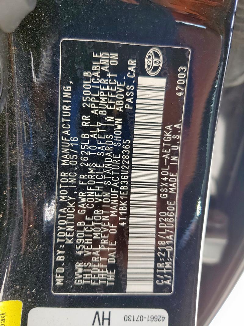 4T1BK1EB3GU228365 - 2016 TOYOTA AVALON XLE BLACK photo 12