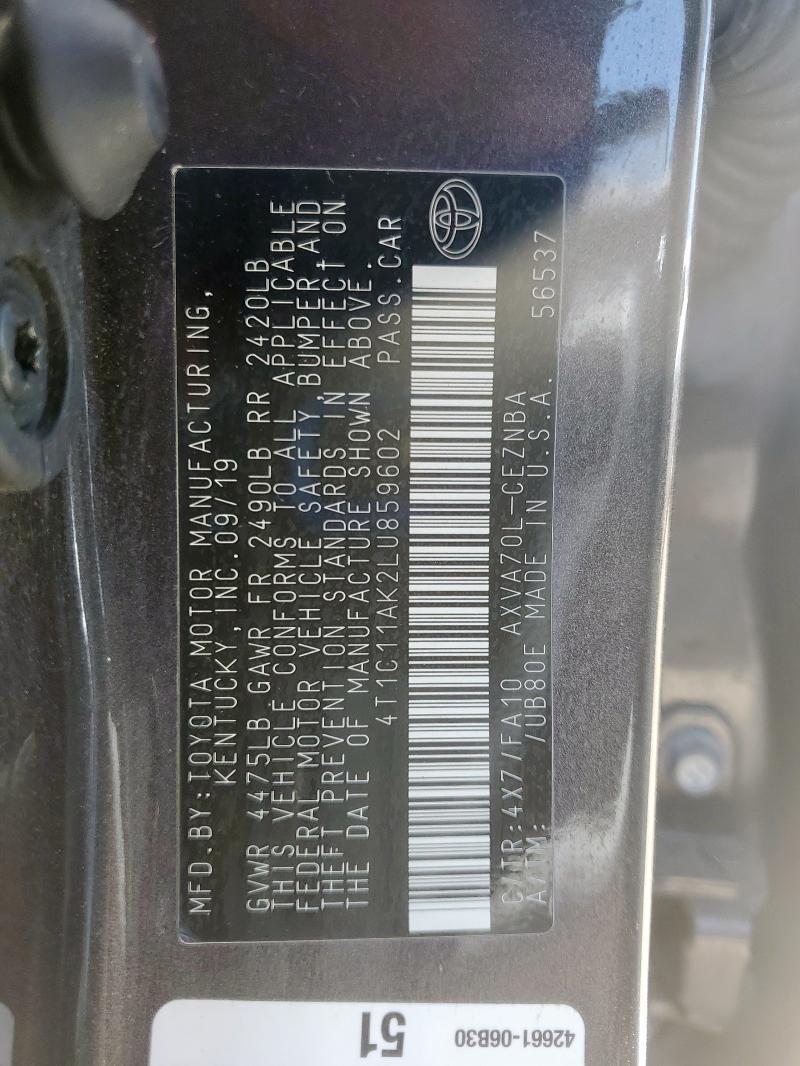 4T1C11AK2LU859602 - 2020 TOYOTA CAMRY LE 石墨色 照片 12