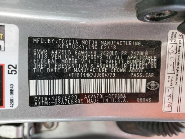 4T1B11HK7JU604779 - 2018 TOYOTA CAMRY L SILVER photo 12