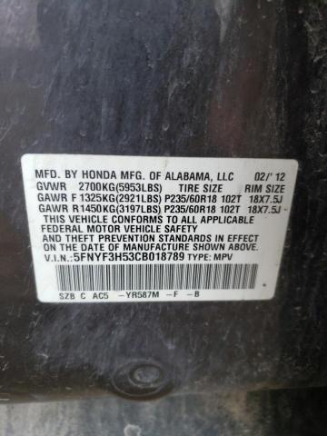 5FNYF3H53CB018789 - 2012 HONDA PILOT EXL CHARCOAL photo 13