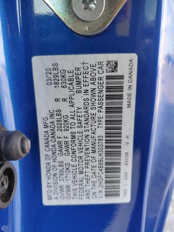 2HGFC4B88LH303783 - 2020 HONDA CIVIC SPORT ლურჯი ფოტო 12