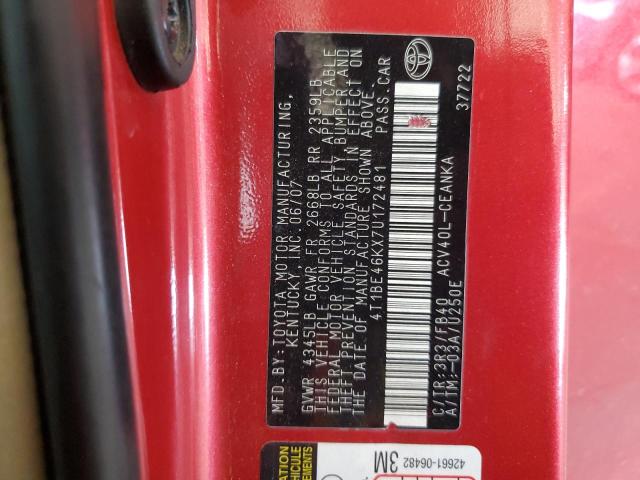 4T1BE46KX7U172481 - 2007 TOYOTA CAMRY CE RED photo 12