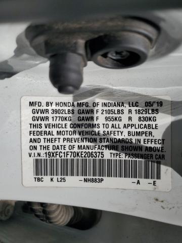 19XFC1F70KE206375 - 2019 HONDA CIVIC EXL 白色 照片 12