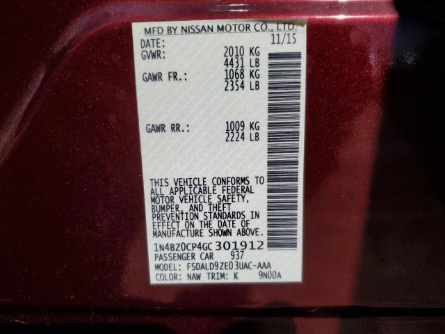 1N4BZ0CP4GC301912 - 2016 NISSAN LEAF SV BURGUNDY photo 12