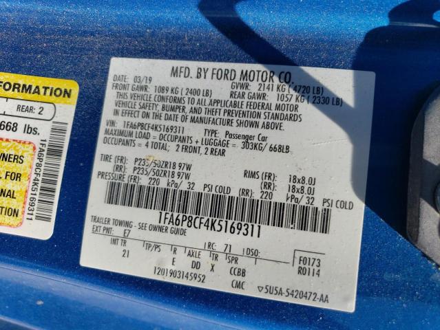 1FA6P8CF4K5169311 - 2019 FORD MUSTANG GT BLUE photo 13