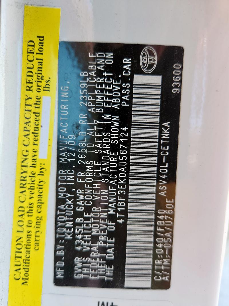 4T1BF3EK0AU567124 - 2010 TOYOTA CAMRY BASE WHITE photo 12