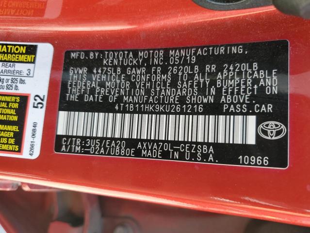 4T1B11HK9KU261216 - 2019 TOYOTA CAMRY L RED photo 13